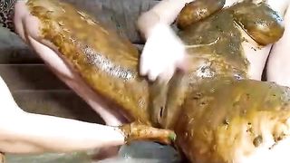 Woman crouches and takes a massive shit on the floor