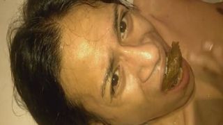 Chewing his mistress poop