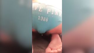 Pushing big turd in blue panties