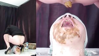 Two girls pooping by turn on a male slave