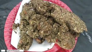 Hairy girl pooping on a white plate