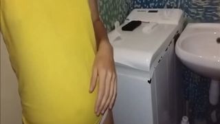 She's pooping in a plastic bag slowly