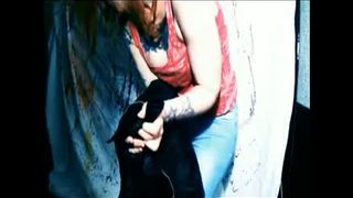 Redhead teen shits in tight blue jeans