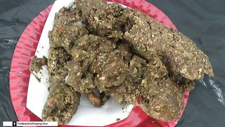 Hairy babe pooping on white plate