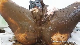 Masked teen smears shit on entire body