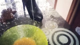 She swallows poop from green bowl