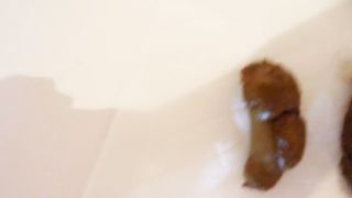 Hairy babe shits in bathtub