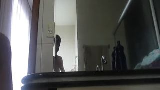 Masked hairy babe pooping
