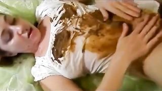 Russian babe masturbates with shit