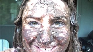 Walking with poop on her face