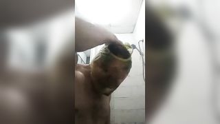 Full rubber pants over my face