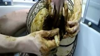 Hot babe masturbates with fresh crap