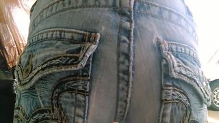 Tattooed blonde filled jeans with shit