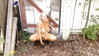 British blonde masturbates with lots of poop