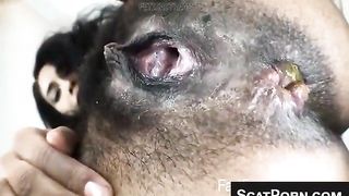 Hairy babe shits in close up a lot