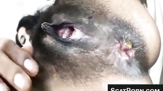 Hairy babe shits in close up a lot