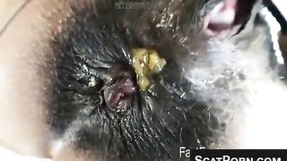 Hairy babe shits in close up a lot