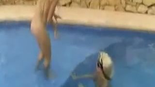 Two sexy girls poop in pool