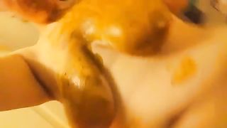 She smears poop on natural tits