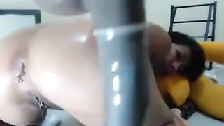 Hairy latina rides big dildo hard