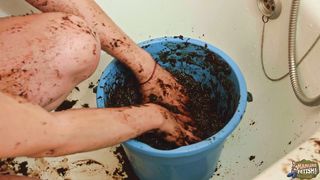 Russian beauty play with a bucket of cowshit and masturbates