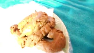 Sweet teen shitting a lot on white plate