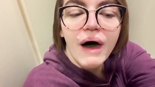 Pierced babe eats poop at work