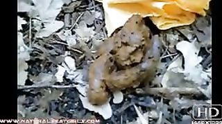 Busty brunette shitting in forest
