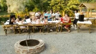 Poor farting girls gets stink bombed in an outhouse