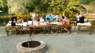 Poor farting girls gets stink bombed in an outhouse