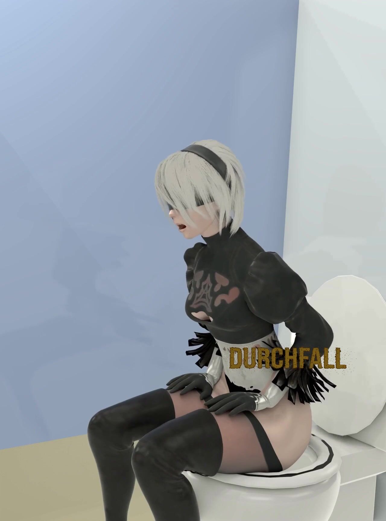 Anime doll holds her diarrhea to the toilet