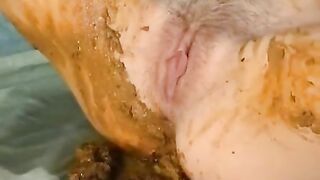 Brunette sexy girl smears poop all over in solo