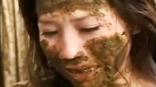 Kinky Japanese hungry lady eating shit from the plate