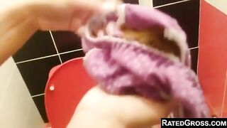 Beautiful blonde Russian babe panty poop solo