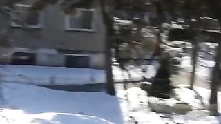 Thick booty ebony mom pooping in backyard