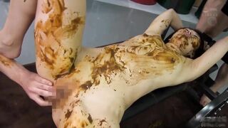 Skinny Japanese teen throat fucked and shit covered