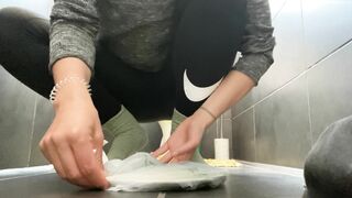 Skinny gal pooping long big turd