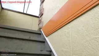 Amateur lady pooping in front of the house