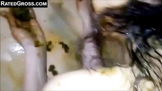 Brunette amateur wife sucking poop covered cock