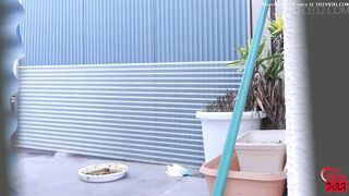 Japanese girl pooping in the plate outdoor