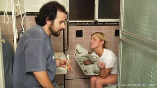 Blonde sexy teen toilet farting and pooping