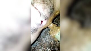 Drunk hairy pussy Asian girl pooping outdoor