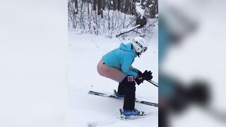 Naughty girl ski pooping in the snow