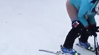 Naughty girl ski pooping in the snow