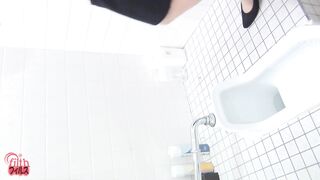 Girl in uniform squats and takes a huge shit on the toilet