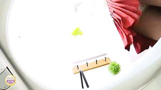 Cute brunette chick pooping in public toilet