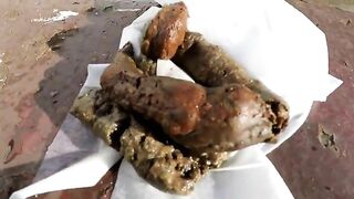 Sexy babe pooping on abandoned boat