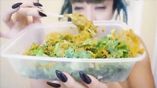 Skinny girl eating shit with chopstick