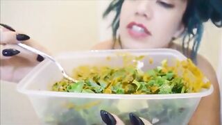 Skinny girl eating shit with chopstick