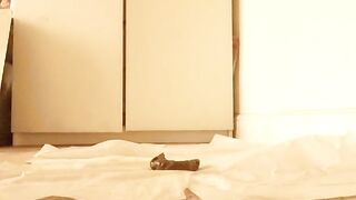 Brunette naughty teen girl dropping bomb on the floor